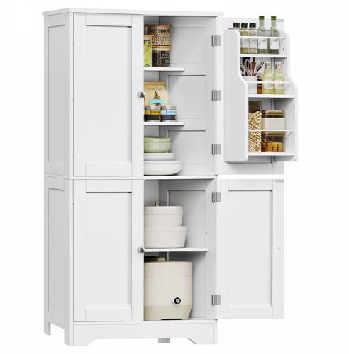 TEENFON 51 H Pantry Cabinet with 4 Doors, Kitchen Cabinet with 6 Door Shelves, Storage Cabinet for Living Room, Dining Room, Bathroom, White