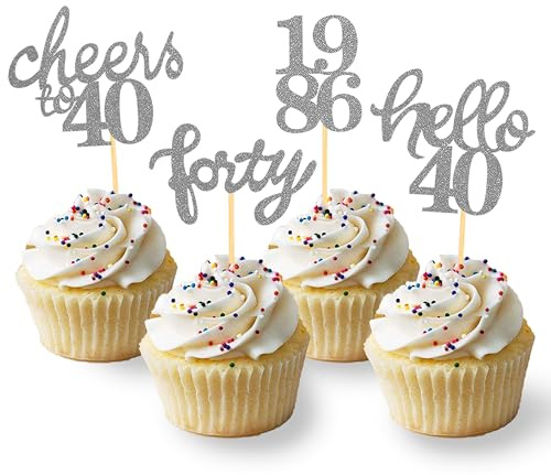 24 Pcs Glitter 40th Birthday Decoration Cupcake Toppers (Sliver-1986) | 40th Cake Decorations, 40th Birthday Decoration, 40th Birthday Party Supplies