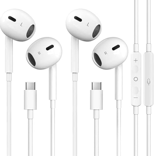 2 Pack Cuffie USB C per iPhone 17 16 15 Pro Max, Hi-Fi Stereo USB C Auricolari con filo, In-Ear Cuffie Type C con Microfono per Galaxy S25 Ultra S24 S23 S22 S21 S20 A54, Google Pixel 8 9 6A, Bianco