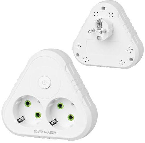 RNPKZ Doppelstecker für Steckdose, 2500W/10A Steckdosenadapter, Mehrfachstecker Ohne Kabel mit 2 Fach Stecker, Mehrfachsteckdose mit Sicherheitsschalter für Büro, Hause, Reisen, Wand Ladegerät (Weiß)