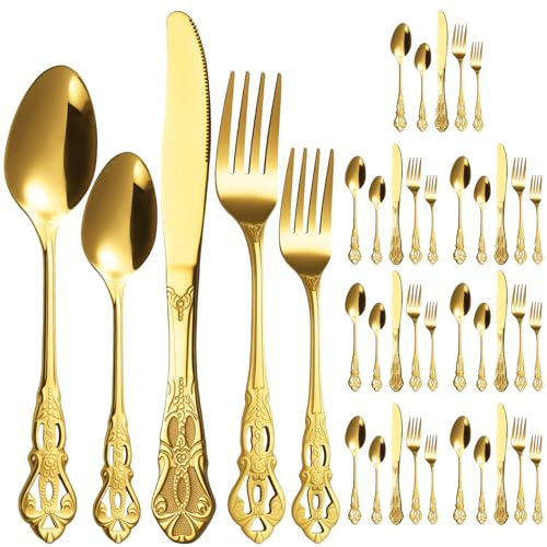 40Pcs Cutlery Sets Gold Retro Royal Stainless Steel Flatware Set with Spoon Knife and Fork Sets Hollow Pattern Utensil Set Dishwasher Safe Ideal for Home Party Restaurant