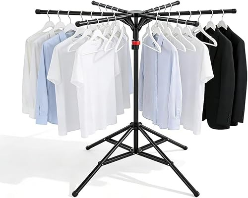 Standtrockner Wäscheständer Hoch Klappbar mit 6 Flügeln, Wäschespinne Ständer, Wäschetrockner Höhenverstellbar von 120-170 cm, Kohlenstoffstahl Faltbarer Kleiderbügel für Drinnen & Draußen (Schwarz)