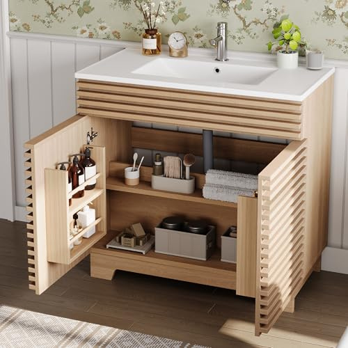 Lavabo da bagno autoportante, 91 x 46 x 86,5 cm, con chiusura morbida, ripiani integrati, montanti orizzontali 3D e gambe alte dell'armadio, lavabo integrato, colore naturale