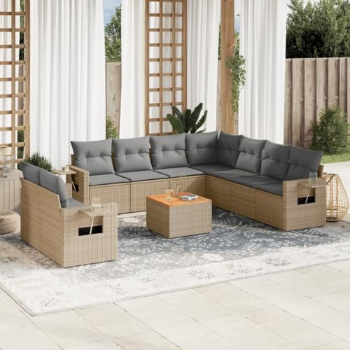 PTUGUOF 10-TLG. Poly Rattan Sofagarnitur mit Kissen, Beige, modulares Design, klappbare Ablagen mit Gasfedern, Akazienholz-Tischplatte, abnehmbare Bezüge