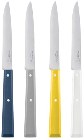 Opinel - Boîte de 4 Couteaux de Table N°125 Bon Appétit Céleste - Lame Acier Inox - Manche Charme - Fabrication Française - Blanc, Jaune, Nuage et Bleu Marine
