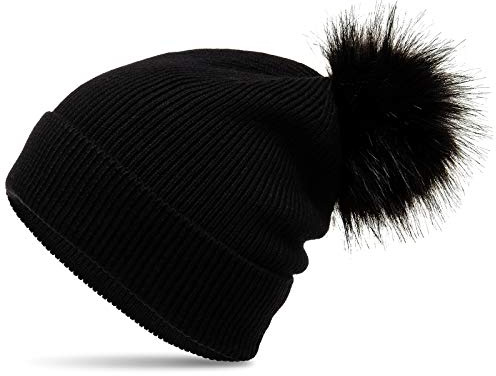 Caspar MU212 Gefütterte Damen Strick Long Beanie Mütze mit Kunstfell Bommel