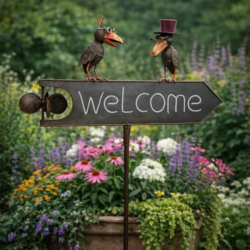 Tuteur de Jardin Panneau Welcome Écriteau Flèche Éolienne Corbeaux Marron en Métal 12x48x122cm