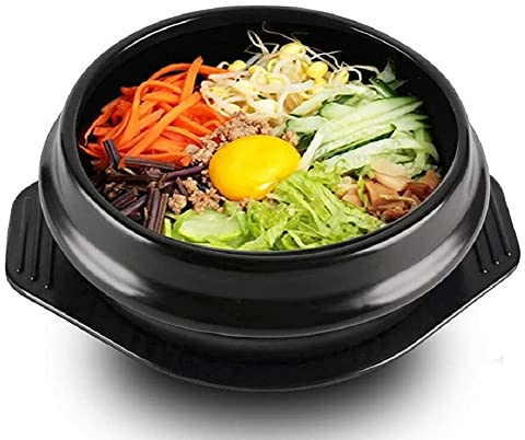 YFOZCOM Korea Bibimbap Steintopf Schüssel Große Steingut Steintopf Bibimbap Kochen + Tablett + Reisschale Hochtemperaturbeständiger Auflauf,Schwarz,800ML