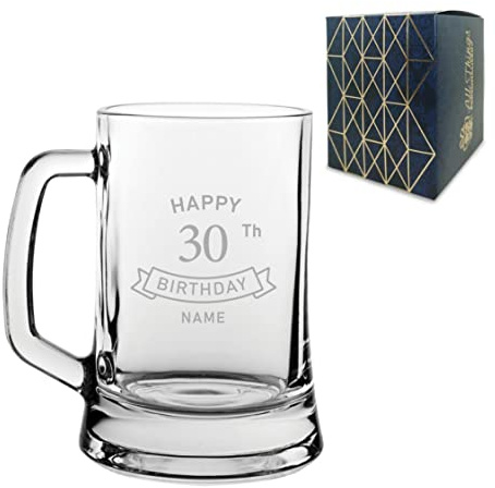Personalised Engraved Tankard Beer Mug Stein Happy 30th Birthday Banner Design Gift Boxed, 16.75oz/495ml Classic Beer Glass, Any Name, Engraved in The UK