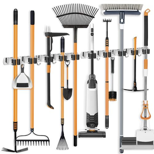 ibell 2 Stück Besenhalterung Wand, Gerätehalter Edelstahl mit 10 Halter und 8 Haken, Gartengerätehalter Wandhaken Mopphalter Wandhalterung Selbstklebend Werkzeughalter für Badezimmer Garten Garage