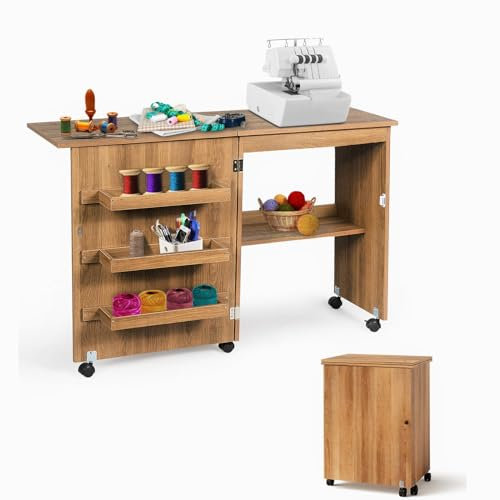LIFEZEAL Nähmaschinenschrank klappbar, Nähschrank 2 in 1, Schreibtisch Holz mit Haken, Ablage & Rollen, Mobiler Nähtisch Nähmöbel für Zuhause & Büro (Natur, 117 x 40 x 77cm)