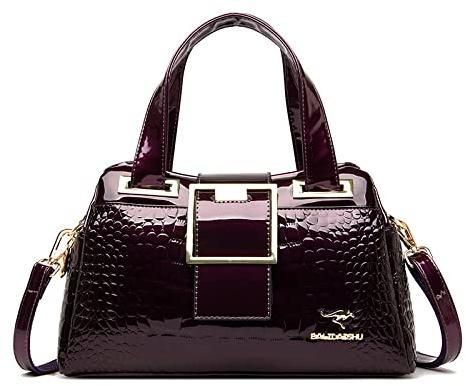 Nouvelle Grande Capacité Triple Couche Cuir Souple Sac Femme Une Épaule Sac Bandoulière Motif Crocodile Cuir Verni Pochette Brillante, Rouge Fuchsia