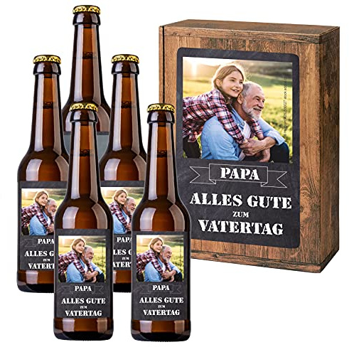 Personalisiertes Bier mit Wunschtext und Foto | 5 x 0,33 l Dinkelbier als Geschenkset | Persönliche Geschenkbox zum Geburtstag, Vatertag, Jahrestag (Geschenkbox mit 5 Fl., Vatertag)
