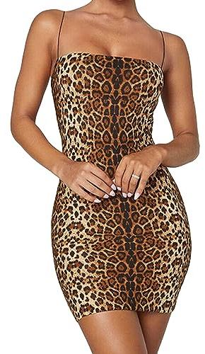 Moonlove Women Sexy Dress Leopard/Tiger Print Elastic Miniskirt Sleeveless Bodycon Camisole Dress Spaghetti Strap Mini Short Skirt Low Cut Bodysuit Night Party Club Outfit Nightwear