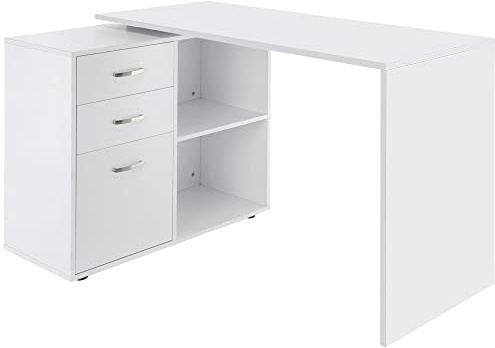 HOMCOM Mesa de Ordenador Escritorio Mesa Esquinera Oficina 2 Formas con 2 Estantes 3 Cajones Mesa de Despacho Escuela Estudio Madera Blanco