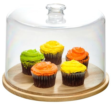 iDesign Kuchenglocke aus recyceltem Kunststoff, The Rosanna Pansino Collection - 27,3 cm L x 27,3 cm B x 20,3 cm H, transparenter Kuppeldeckel mit Naturholzboden