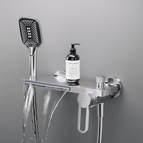 Yalsfowe Badewannenarmatur mit Handbrause, Wasserfall-Badewannenarmatur, Wandmontage badewanne wasserhahn, Einhebel-Wannenarmatur aus Messing, Badezimmer-Badewannenarmatur-Set,Chrome