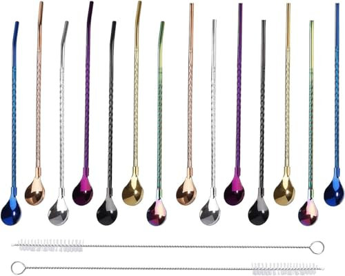 14er Set BetterJonny Edelstahl Trinkhalme Löffel 2 in 1 Löffel-Strohhalme Wiederverwendbare Strohhalme ideal für Latte Macchiato und Cocktails (7 Farben)