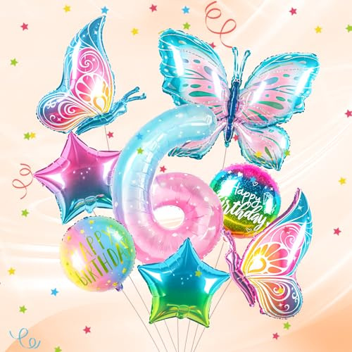 ballon 6 Jahre Schmetterling Geburtstag Deko zahlen luftballon 6 jahre | Bunt Schmetterlinge Geburtstagsdeko Folienballon - für 6. Geburtstag Mädchen Deko - fliegt mit Helium