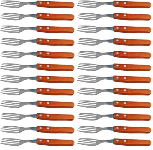 Tradineur Lot de 24 fourchettes à steak en acier inoxydable avec manche en bois, couverts à viande classiques, passent au lave-vaisselle, 20,5 cm