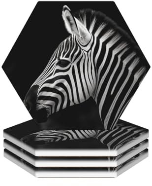 Untersetzer für Getränke, rund, saugfähig, Keramik, rutschfest, schwarz-weiß, Zebra-Getränkeuntersetzer mit Halter und Korkboden, wiederverwendbar, Tassenuntersetzer für Arten von Tassen, 4 Stück
