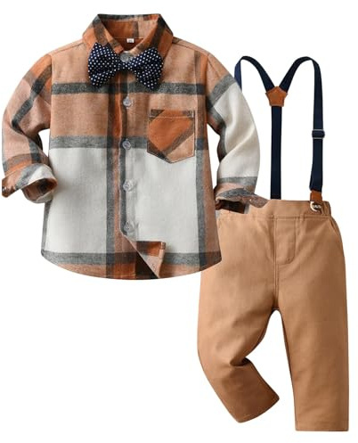 Kunyeah ragazzo Gentleman Plaid abiti bambino Camicia a maniche lunghe con papillon bretelle pantaloni vestito bambino per 1-6 anni (Marrone, 5-6 anni)