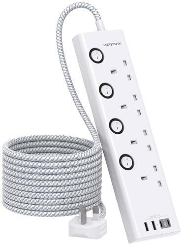 3M Extension Lead, 4 Way Extension Socket with 4 USB Slots(2 USB C), Individually Switched, Extension Cable 3M, Wall Mount Extension Cord, Desk Power Strip for Home Office Accessories