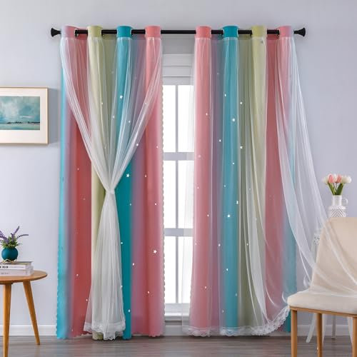 XiDi Yellow Rainbow Curtains 132cm Wide x 213cm Drop (52x84), Double Layer Star Cutout Voile for Sliding Door, Kids & Adult Bedroom Blackout Linings 2 Panels