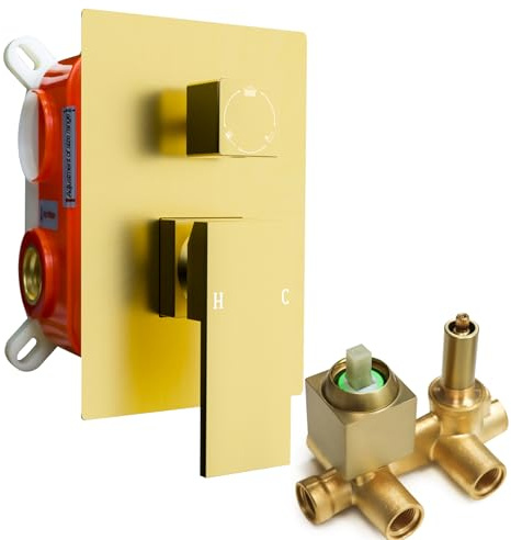 GETSHOWERSET 3 Way Square Shower Diverter Mixer Valve Brushed Gold | Concealed, Wall Mount, Brass, 3 Function, Hot and Cold, Shower Faucet Rough-In Valve Bathroom Trim Kit