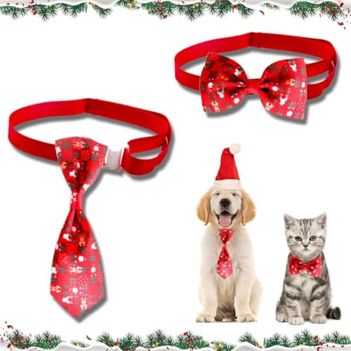 Samll Weihnachtskatzen-Krawatten und Fliegen, Weihnachts-Kätzchen-Halsband, niedliche Fliegen und verstellbare Krawatten, passend für die meisten Katzen, Weihnachtsfliegen, Zubehör, Rot, 2 Stück