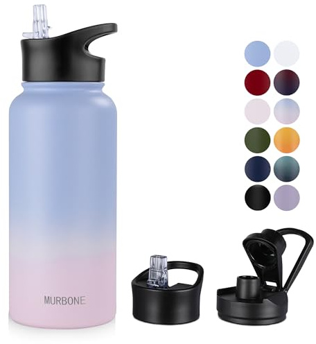 MURBONE Insulated Water Bottle - 1L Stainless Steel Drink Flask with Straw, BPA Free, Leakproof Double Walled Vacuum Water Bottle, 2 Lids (Straw and Spout), Blue Pink Gradient