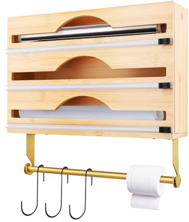 Bamboo 5-in-1 Cling Film & Tin Foil Dispenser with Kitchen Roll Holder & Hooks - 33cm Organiser Storage Cutter