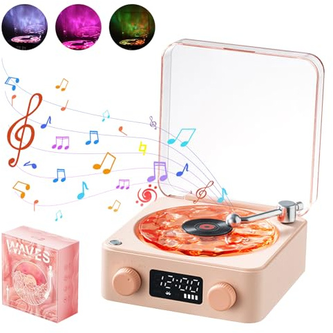 Waves Haut-parleur Bluetooth en vinyle avec lumière RVB et effet vagues d'eau, son stéréo 3 modes d'aide au sommeil avec 4 sons naturels, compatible avec carte TF et mode AUX (rose)