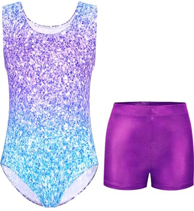 Kirinkylin Gymnastics Leotards for Girls Size 7-8 Years Old Purple Blue Pro Workout Bodysuits with Shorts