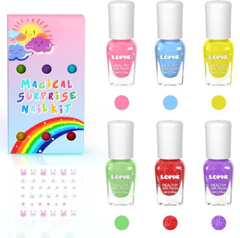 LOPHE Kids Nail Polish Set, 6Pcs Rainbow Colors Peel-Off Nail Varnish Set, Quick Dry Water-Based Kids Nail Paint, Non-Toxic Children Nail Polish Kit, Gifts for Girls Christmas Birthday