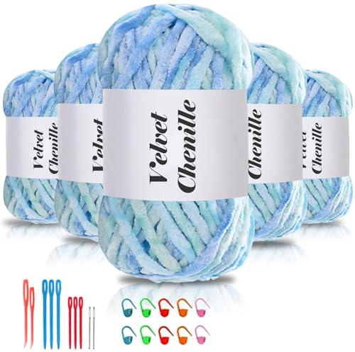 Maxee 500g(5×100g) Samtig Babywolle, Samt Chenille Garn mit Häkelwerkzeuge, Kuschelweich Velvet Chenillegarn Flauschige, Weich Plüschwolle Häkelgarn Wolle zum Stricken & Häkeln