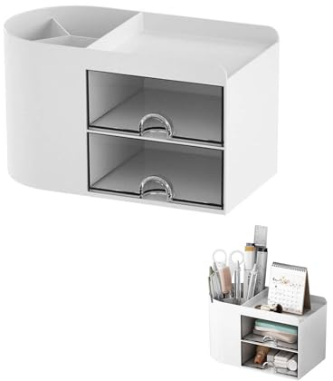 Chiquieray Desk Organiser with 2 Drawers, Multifunctional Desk Tidy, Plastic Table Stationary Organiser for School Office Home (White)