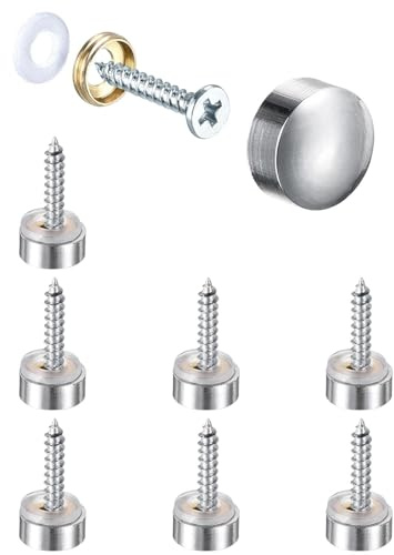 8PCS Juttzzei Brass Mirror Screws Cap, 10mm Mirror Screws with Caps, Upgraded Polished Brass Decorative Screw with Caps for Mirrors, Furniture Fittings, Glass, Tables, Wardrobes - Silver