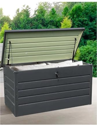 350L Extra Strong Metal Garden Storage Box – Weatherproof Outdoor Storage Chest with Lock & Hinged Lid – Durable Steel Design for Tools, Cushions & Accessories