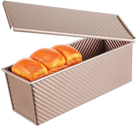 ABOOFAN Moule à Pain Rectangulaire Antiadhésif 750g avec Couvercle en Acier Carbone Doré, Cuisson Uniforme et Démoulage Facile, pour Pâtisserie Maison et Pain Toast, Accessoire