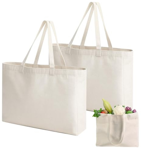 dogmoon Borse di cotone, borse di tela di cotone pianura con manico, borsa di tela grande riutilizzabile, borse di tela di cotone 100% per lo shopping e i viaggi, 2 pezzi bianco sporco 45 x 35 x 8 cm