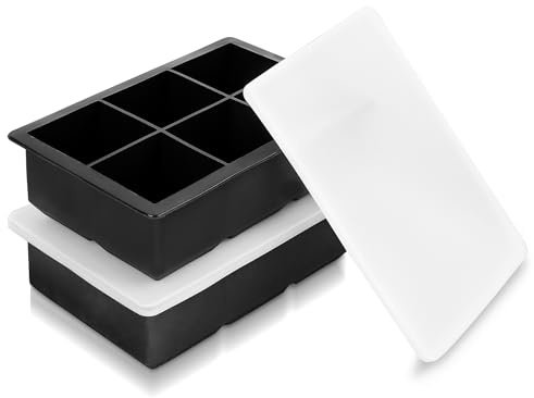 DOETYD 2 Pack Large Ice Cube Tray Molds with Lids,Black Reusable Silicone Square Ice Cube Maker Moulds for Whiskey,Cocktails,Drinks(Black)