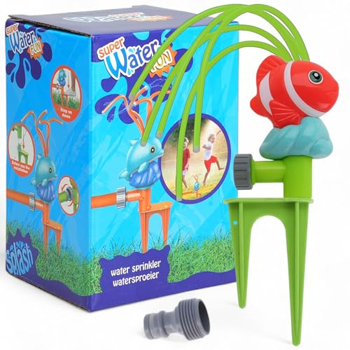 MIJOMA Garten-Wassersprinkler Tiere – Wasserspiel für Kinder mit Erdspieß & flexiblen Sprüharmen, Robustes Polypropylen, kompatibel mit Klicksystemen, Sommer Gartenspielzeug (Clownfisch)