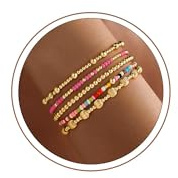 Turandoss Lot de 5 à 6 bracelets pour femme en or plaqué or 14 carats - Ensemble de perles / perles / croix - Bracelets élastiques réglables - Cadeau pour femme et fille, 18 cm