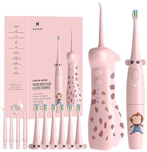 Kids Water Flosser & Electric Toothbrush Combo for Ages 6-12,Children Oral Irrigator with 3 Gentle Modes & 2 Sonic Modes,Braces-Friendly Dental Kit for Boys & Girls (Giraffe & Monkey Design)