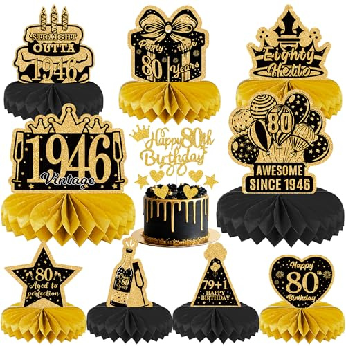 80th Birthday Party Table Decorations - Black and Gold Vintage 1946 Honeycomb Centrepieces and Cake Toppers, 17 Pcs Happy 80th Birthday Table Decorations for Men and Women