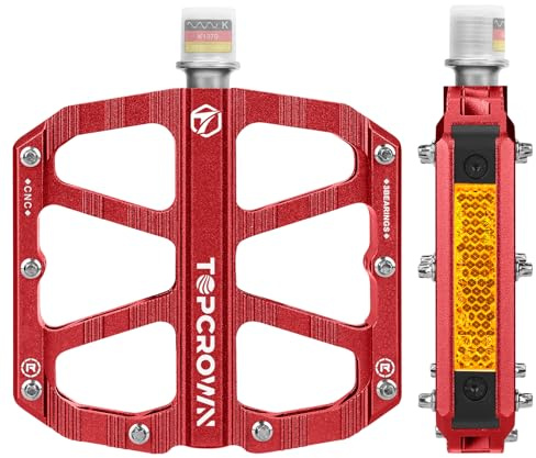 Topcrown Mountain Bike Pedals with Reflectors, Aluminum Metal Bicycle Flat Pedals 9/16 - 3 Sealed Bearings, Non-Slip Wide Platform with Removable Pins for MTB, Road Bike, BMX, Ebike (Red)