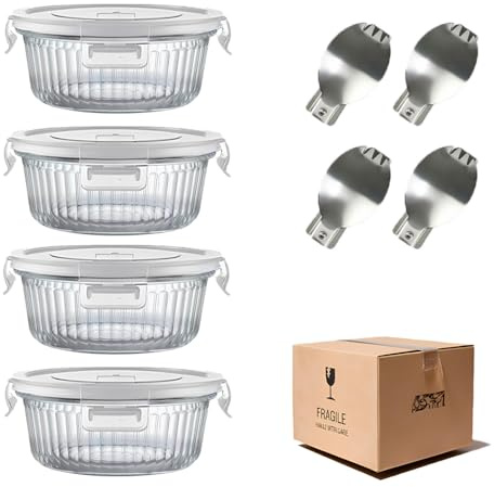 H.JSS WDJS Kleine Glasbehälter mit Feckel und Mit Löffel, Rund Meal Prep Gläser Mit Löffel, BPA-frei Frischhaltedosen Glas mit Deckel für Mikrowelle, Gefrierschrank und SpüLmaschine (Weiß-370ml-s)