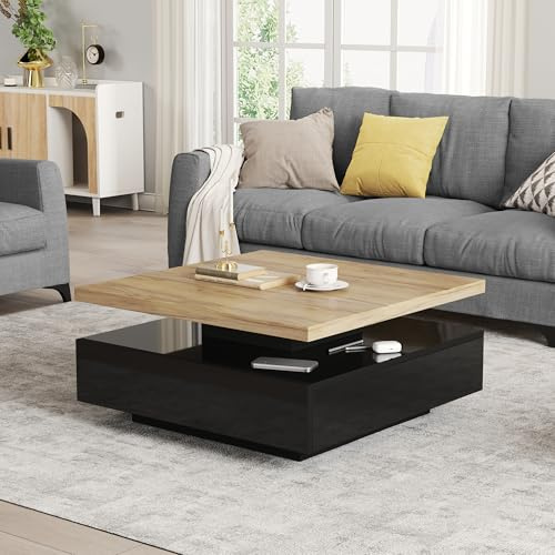 Wiuzo Cajón de café cuadrado giratorio 360°, alto brillo, 2 niveles centrado, mesa central giratoria y armario de almacenamiento, mesa auxiliar en color madera natural + negro, tablero de partículas