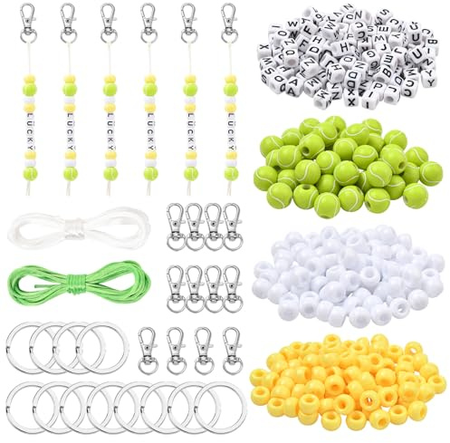 BEEFLYING Tennis SchlüSselanhäNger Bastelset Selber Machen, 588 Stück | Perlen TaschenanhäNger Set Keychain Making Kit mit 12 Schlüsselverschlüsse und Schlüsselringe, 312 Würfelbuchstabenperlen